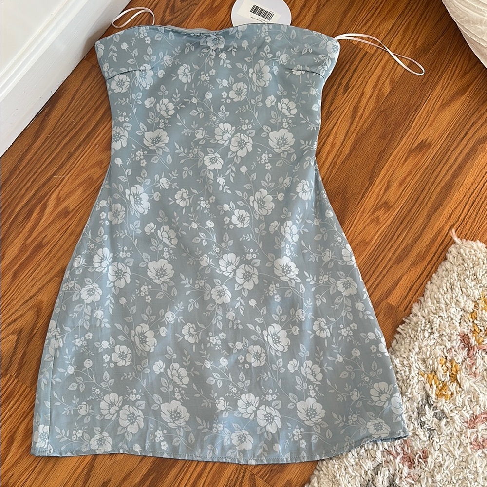 Floral Strapless Dress in Blue and White